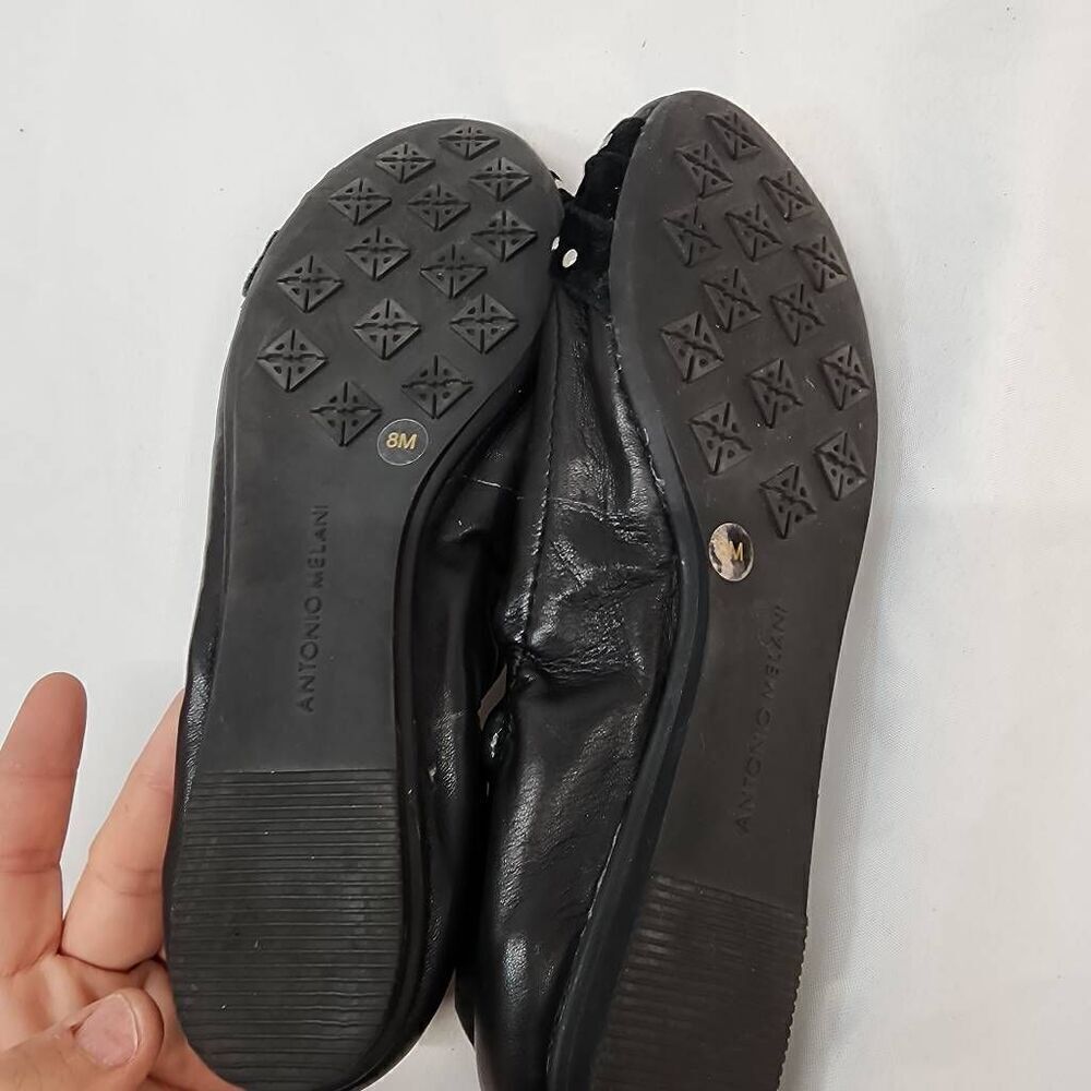 Antonio Melani Size 8 Black Leather Ballet Flats Buckle And Suede Studded Detail - Picture 7 of 9